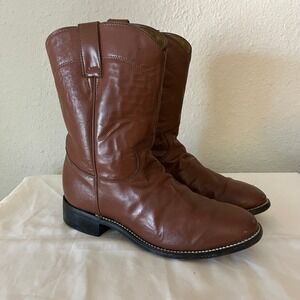 Justin Youth Brown Leather Western Cowboy Boots Kids Size 3 1/2 D 3802Y